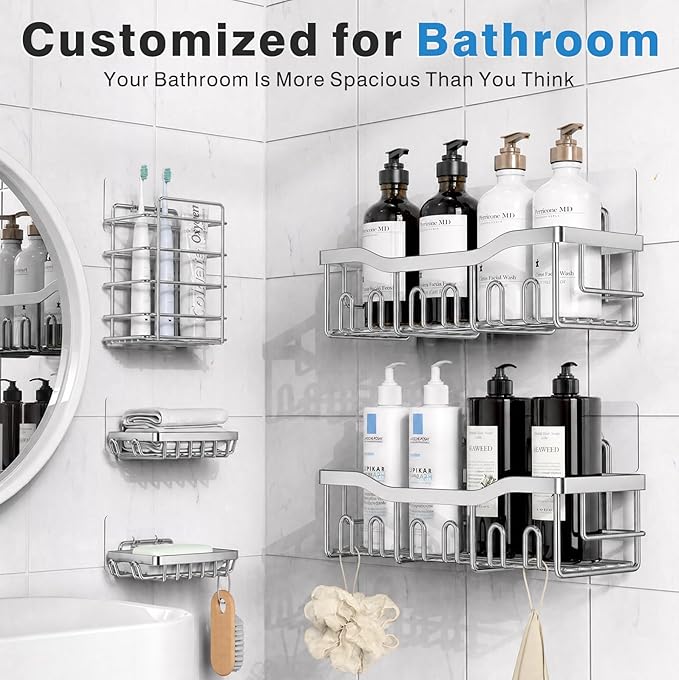 EUDELE 5-Pack Rustproof Stainless Steel Shower Caddy – No Drill Adhesive Bathroom Organizer with Large Capacity, Spacious Shower Shelves for Inside Shower, Kitchen & Home Decor Storage-XL Size