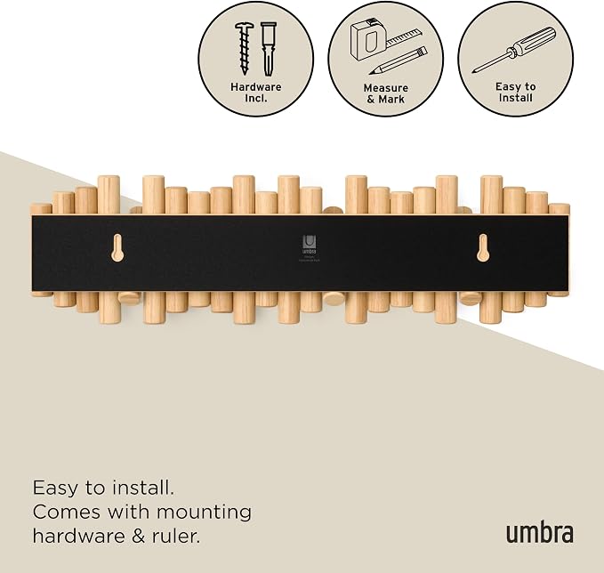 Umbra Picket Coat Rack with 8 Hooks – Natural Wall-Mounted Coat Rack with Flip-Down Wooden Hooks, Real Pine Wood Decorative Wall Storage for Jackets, Hats, Scarves, Bags, Entryway, Bedroom Living Room
