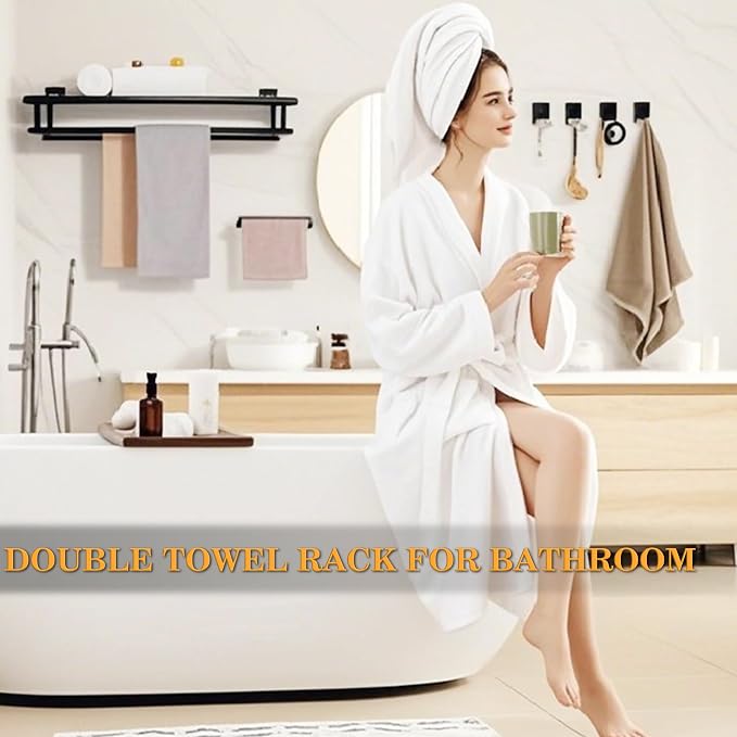 Alise Double Towel Rack for Bathroom Wall Mounted 16 Inch,Matte Black | Bathroom Tower Holder Towel Shelf with Double Towel Bars,SUS304 Stainless Steel Towel Rack with Shelf for Lavatory Kitchen