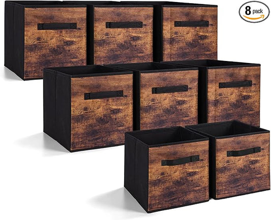 11 Inch Fabric Storage Cubes, 8 Pack Foldable Storage Bins with Handle, Fabric Cube Box for Shelves, Closet, Bedroom, Living Room, Organizer, Rustic Brown and Ink Black