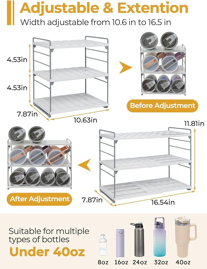 Cirhy 12" Tall 3-Tier Expandable Water Bottle Organizer – Fits 20-40 oz Stanley, Owala, Yeti Tumblers, Shaker Cups & Travel Mugs – Adjustable Storage Rack for Cabinet, Kitchen & Pantry Organization | Adjustable 12" Tall Bottle Rack, Fits 20-40 oz Tumbl...
