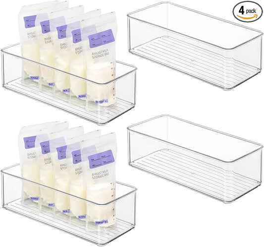 Hudgan 4 Pcs Storage Container Breastmilk for Fridge, Clear Organizer Bins for Milk Bags, Plastic Storage Bins for Freezer,Pantry, Bottles Bathroom, Vanity, Drawer and Yogurts,4.4" Wide