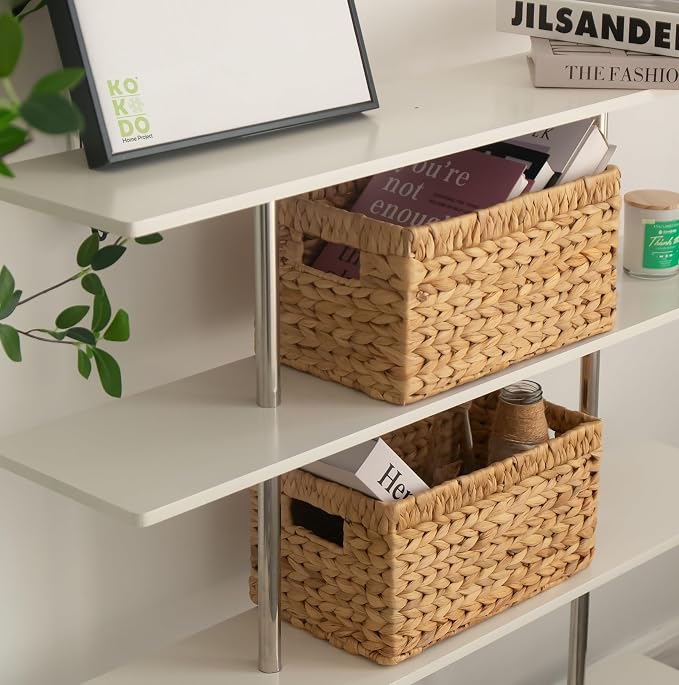 KOKODO Wicker Storage Basket Set of 2, Rectangular Baskets for Shelves with Handles & Chalkboard Labels, Handwoven Water Hyacinth Baskets for Organizing Pantry, Closet & Home.