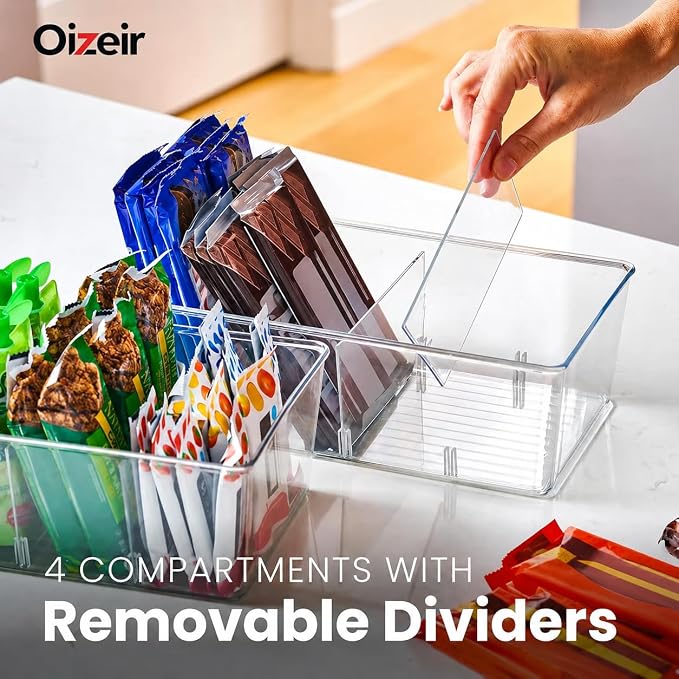 Oizeir Clear Pantry Organizer Bins 4-Pack - Fridge Organizer with 3 Removable Dividers - Kitchen Pantry Organizers & Storage - Storage Cabinet Snack
