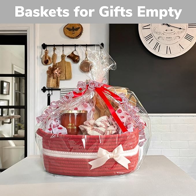 CHICVITA Small Woven Rope Gift Basket,Decorative Christmas Basket, Red | 13" x 10" x 5", Toys, Towels, Baby Essentials & Party Supplies Organizer, Shelf & Living Room Storage, Built-In Handles