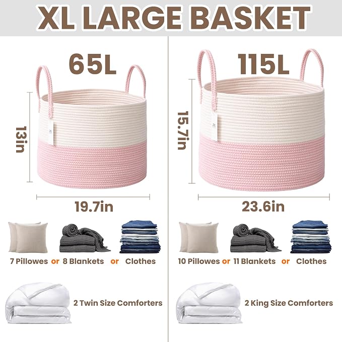 JMvicyroam 115L Extra Large Machine Washable Cotton Rope Blanket Basket | Collapsible laundry hamper, Reinforced handles, For blankets, pillows, toys and clothes, Living room and bedroom, White&Pink