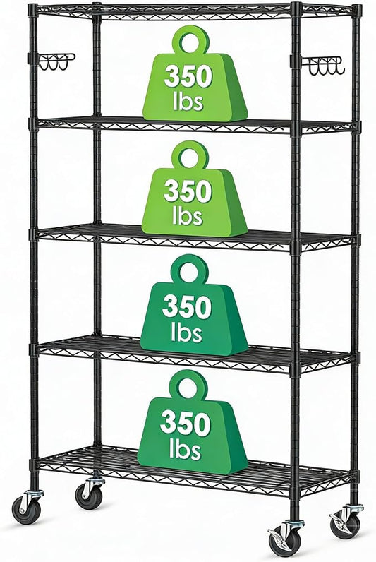 5 Tier Wire Metal Shelving Rack Garage Storage Rolling Shelves with Wheels | Heavy Duty Adjustable Industrial Shelve Steel Sturdy Utility Shelving for Kitchen Garage Pantry Bathroom Laundry
