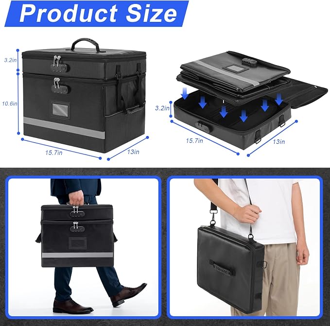 EXLIFBAG 2 Layer File Box with Lock, Portable Document Organizer Box with Handle, Fireproof File Box for Home Office, Legal File Organizer Storage