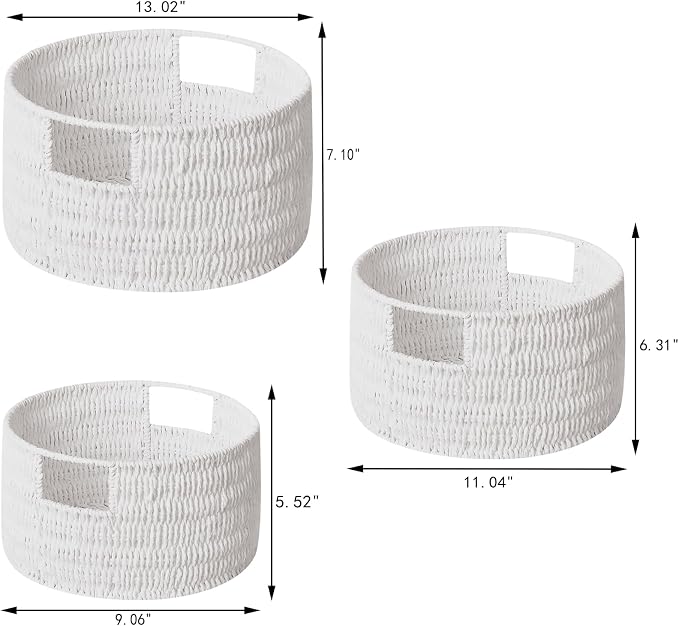 Wicker Storage Basket, Hand-Woven Paper Rope Large Round Woven Basket With Handles, Wicker Baskets for Organizing/Storage, White, 3-Pack
