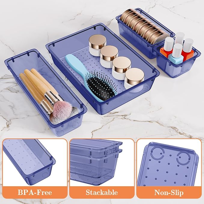 SpaceHacks 25 PCS Plastic Drawer Organizer Set, 4-Size Versatile Organizer Trays & storage Bins for Makeup, Jewelry, and Gadgets in Bathroom, Bedroom and Office,Dark Blue