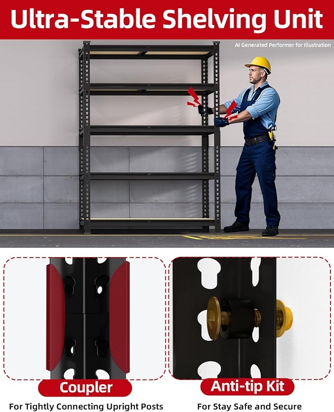 PrimeZone 5-Tier Garage Storage Shelves, Adjustable Metal Shelving, Black | 35.5"W x 12"D x 72"H, Heavy-Duty Metal Frame & Connectors, FSC MDF Boards, 2000 LBS Storage for Garage, Pantry, Closet