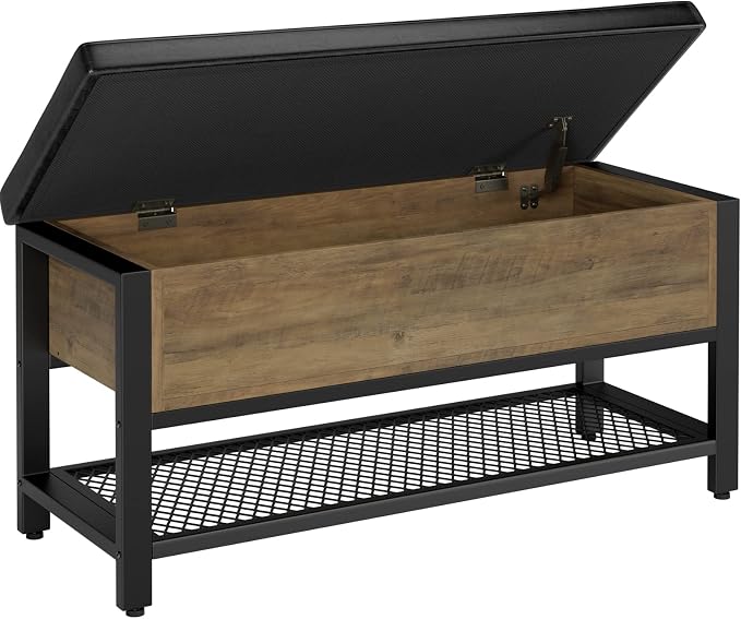 HOSTACK 40" W Storage Bench, Entryway Shoe Bench with Cushion, Rustic Brown | Wood Metal Bench with Flip-Open Hidden Storage, Ottoman Bench with Padded Seat & Shoe Rack for Hallway, Bedroom, Living Room