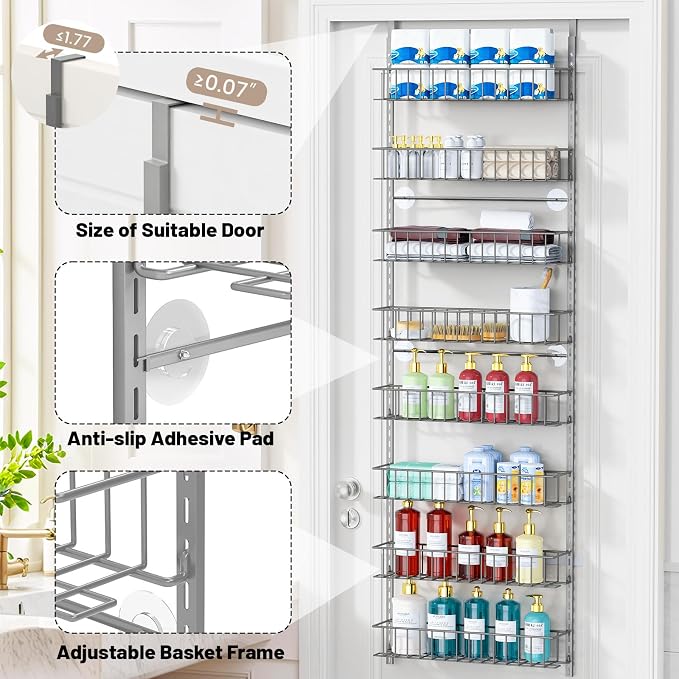 ElegantArray 8-Tier Pantry Door Organizer, Light Gray | Over The Door, Hanging Spice Rack Shelves, Home Office Laundry Room Bathroom & Kitchen, Storage Rack