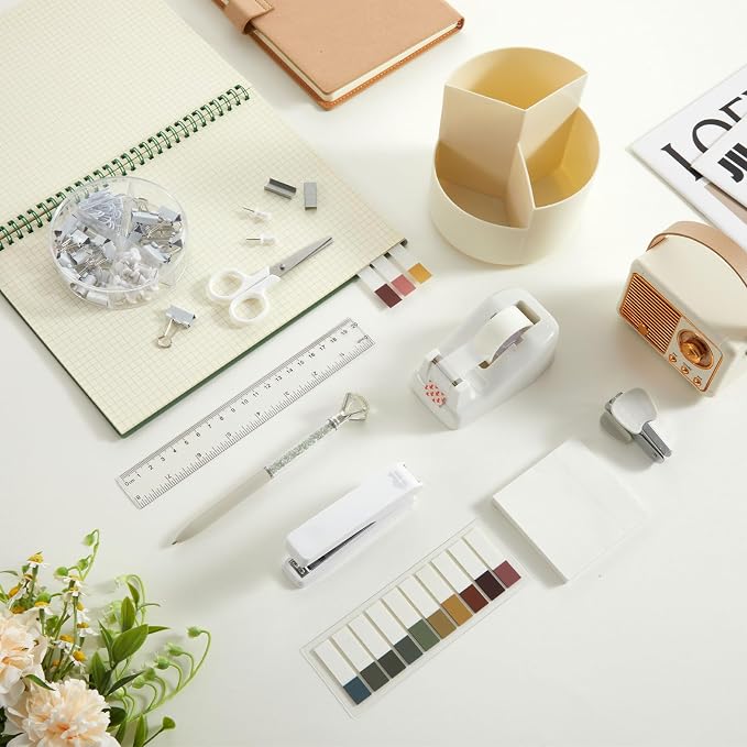Beige Desk Accessories Office Supplies Set, 12 Pcs | 360° Rotating Pen Holder, Stapler, Tape Dispenser, Scissor, Sticky Notes, Binder Clips, Desk Organizers Gift for School