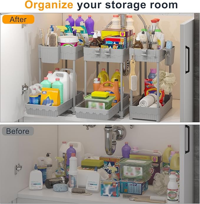 Sevenblue 3-Pack 2-Tier Under Sink Organizers with Sliding Drawers | Multi-use kitchen & bathroom storage, 12.8 inch gray cabinet organizer, space-saving sliding drawer design.