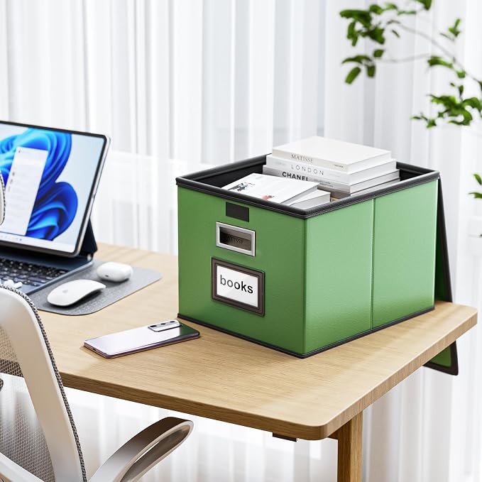 File Organizer Box with Lids, Collapsible File Folder Organizer | File Box with Plastic Slides for Document, Filing Bin for Letter Size Hanging File Folders (1 Pack, Green, Leather)