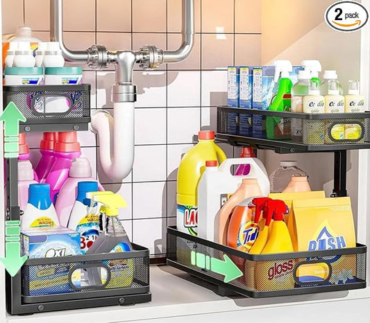 Under Sink Organizer 2 Pack, High Adjustable 2 Tier Under Sink Organizers and Storage, Slide out Metal Cabinet Organizers, Pull out Storage Drawer Shelf for Kitchen Bathroom Cabinet (Black)