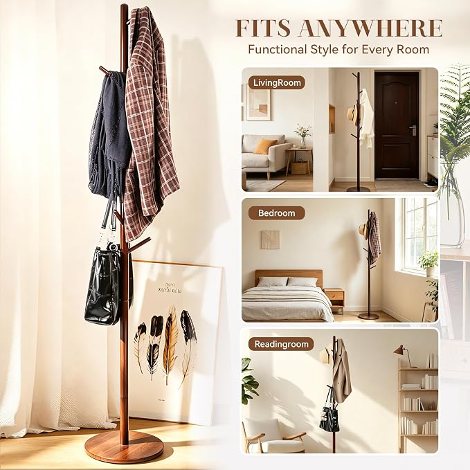 Coat Rack Freestanding- Solid Wood New Zealand Pine Hall Tree with 8 Hooks & 3 Adjustable Levels, Corner Wooden Coat Hanger for Entryway, Hallway and Small Space (Hats, Purses, Bags)