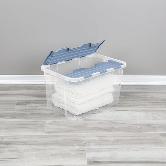 Sterilite 18 Pack Hinged Lid Storage Box, 60 Qt Plastic Container, Washed Blue - Home Organizer Tote for Storing Shoes, Crafts, Clothing, or Decor