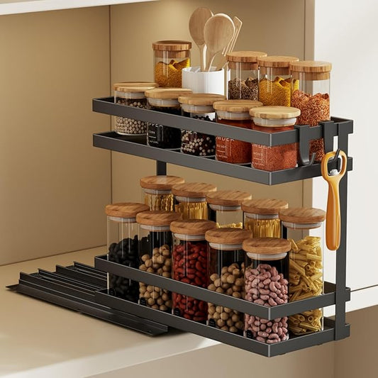 Magheo Pull Out Spice Rack Organizer for Cabinet, 1 Pack Metal Seasoning Organizer Slide Out Spice Storage Shelf No Assembly Vertical Spice Rack Pullout for Kitchen & Bahthroom No Drill(2 Tier,Black)