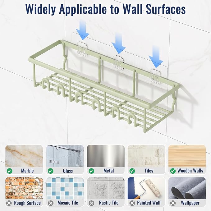 8 Pack Adhesive Rustproof Shower Caddy with Soap Dishes, Toothbrush Holder & Hooks, Large Capacity No-Drilling Shower Shelves Rack for Bathroom Organizers and Storage Accessories, Green