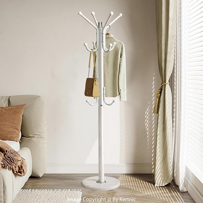 Kertnic Modern Coat Rack Freestanding with Natural Marble Base & Sturdy Metal Frame, 11 Hooks Hall Tree for Jackets, Hats, Bags, Entryway Organizer for Bedroom, Living Room, Closet (11 hooks-White)