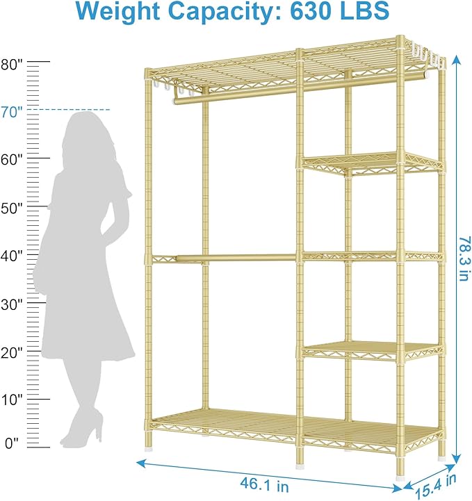 F2 Clothes Rack, 5 Tiers Heavy Duty Garment Rack for Bedroom | Freestanding Adjustable Closet Storage Organizer, Portable Clothing Wardrobe, 46.1"W x 15.4"D x 78.3"H, Load 630lbs, Gold