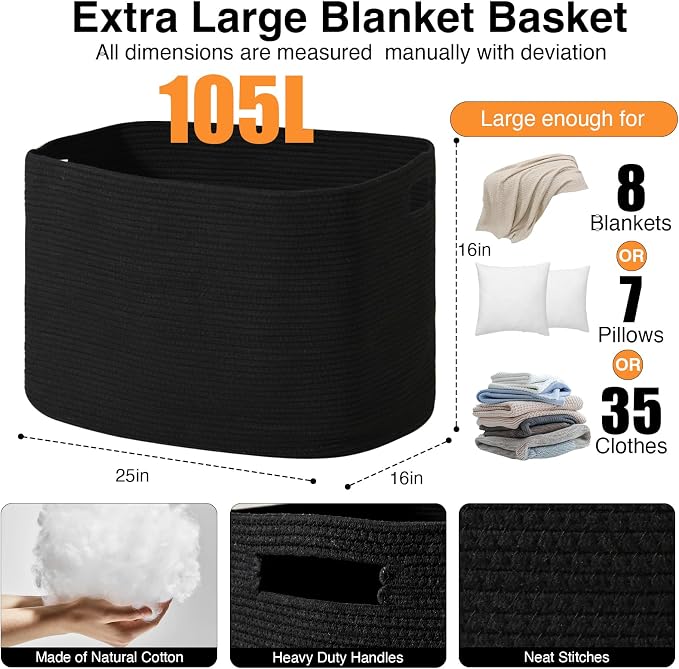 ICERZCZ Large Black Blanket Basket, Storage Baskets for Blankets, Woven Baskets for Storage, Woven Cotton Rope Basket for Toys, Clothes, Shoes, Books, Black, 25”x16”x16” (105L)