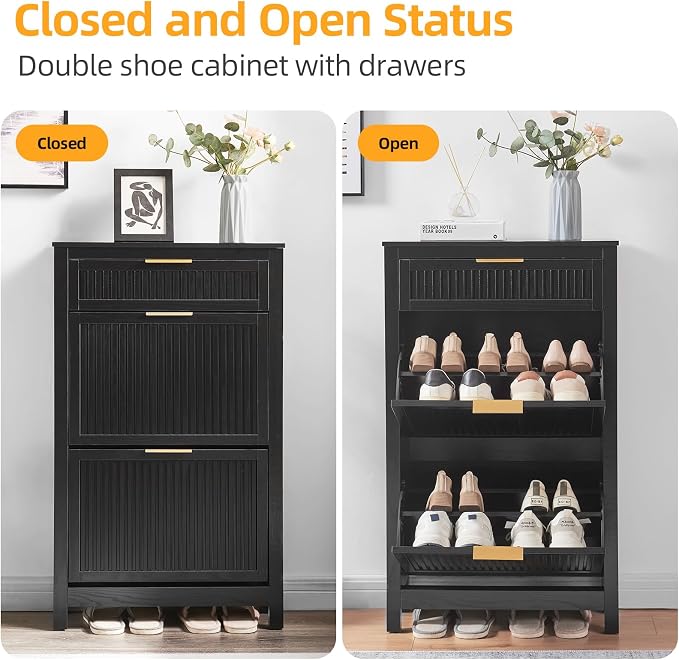 2-Flip Drawer Shoe Cabinet Narrow Entryway Rack, Black | Vertical Wood Grain, Metal Handles, Adjustable Compartments, Removable Shelf, Anti-Tip Device, for Hallway Foyer Entryway