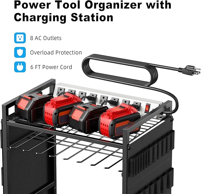 JUNNUJ Power Tool Organizer Cart with Charging Station, 6 FT Cord, Black | Floor Standing, Large Garage Rolling Storage Cart on Wheels, Heavy Duty Drill Battery Storage Rack, with 8 Outlet Power Strip