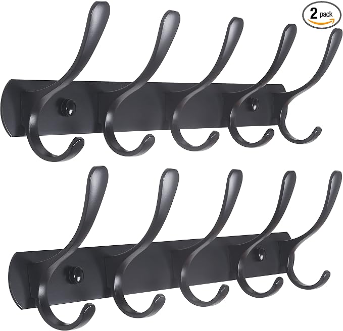 SKOLOO Coat Rack Wall Mount - Modern, Metal Wall Coat Rack with 5 Hooks, Pack of 2, Sturdy Wall Mounted Coat Hooks for Hanging Coat, Jacket, Clothes, Hat, Matte Black