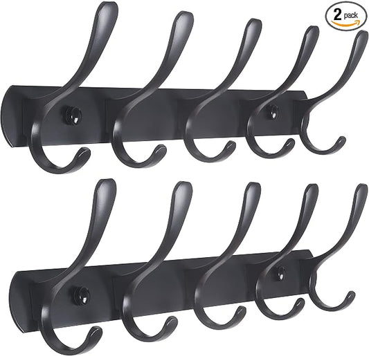 SKOLOO Coat Rack Wall Mount - Modern, Metal Wall Coat Rack with 5 Hooks, Pack of 2, Sturdy Wall Mounted Coat Hooks for Hanging Coat, Jacket, Clothes, Hat, Matte Black