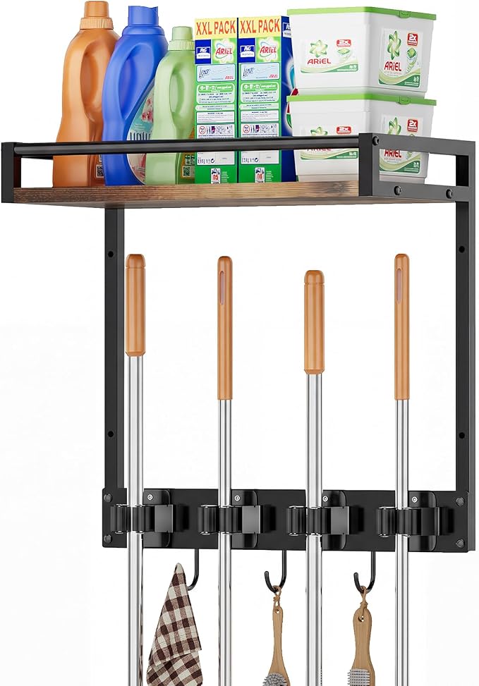 Broom Holder Wall Mount with Shelf, 15.7" Wx6.7 Dx15.7 H, 1 Pack | Load 66LBS, 4 Mop Hanger Grippers, 3 Hooks, for Laundry Room, Garage, Utility Closet, Kitchen