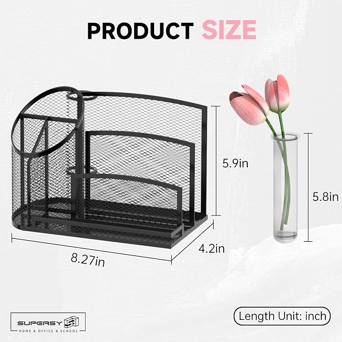 Desk Organizer with 3 Compartment Pen Holder, 3-Slot Mail Organizer and Flower Tube, Metal Mesh Bill Organizer for Pencil, Envelope, Letter and Office Supplies, Black