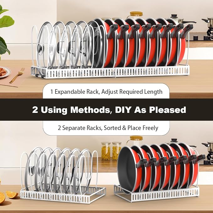 Housolution 2 Pack Pot and Pan Lid Organizer Holder Storage Rack, White | 12"-23" Expandable, 14 Adjustable Dividers, Sturdy Metal Construction, Easy Assembly
