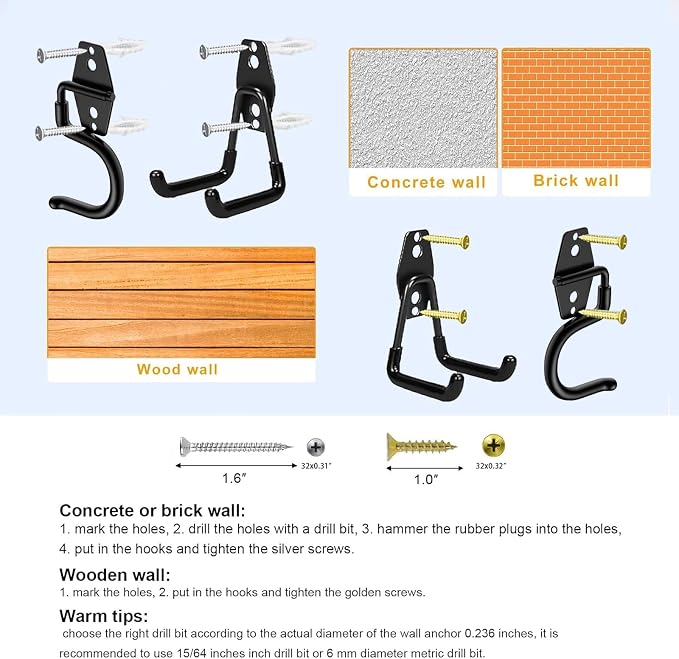 Heavy Duty Garage Hooks Storage, Anti-Slip Steel Wall Mount Multi-Size Utility Hangers Organizer for Ladders, Bikes, Garden Tools, Hose with 32 Screws Hardware Kit (Black, 20 Pack)