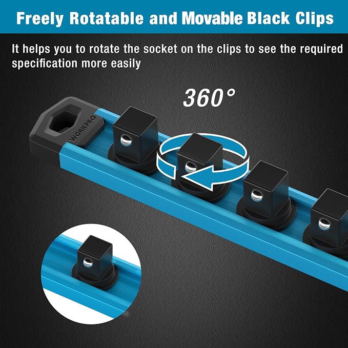 WORKPRO Magnetic Socket Organizer, Heavy Duty 1/2-Inch Drive Socket Rail | 1 Piece Socket Holder with 10 Spots, Aluminum Alloy, Rotatable & Movable Clips, Efficient Organization