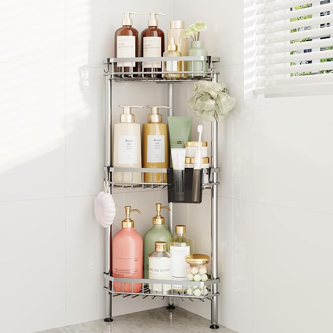 Consumest Corner Shower Caddy Stand - Rustproof Bathroom Organizer&Storage | 3 Tier Shower Shelves for Inside Shower, Stainless Steel Corner Shelf with Soap Holder, 4 Hooks, Brush Holder, Silver