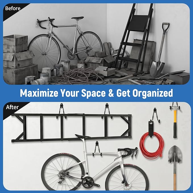 Garage Hooks Heavy Duty, 4 Pack Large 7.5 Inch Ladder Hooks Black | Steel Garage Storage Hooks, For Hanging Bikes, Tools, Chairs, Hoses, Ropes and Other Bulk Items, With Anti-Slip Coating
