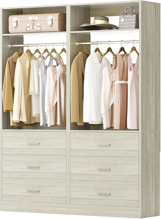 Besiost Closet System Set of 2, 4FT Closet Systems with 6 Wood Drawers, 48" Closet Organizer System with 2 Hanging Rods & 2 Shelves, Heavy Duty 48 Inch Walk-in Closet, White Oak (48"L x 15" W x 80" H)