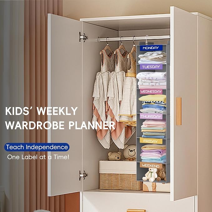 Weekly Hanging Closet Organizer for Kids, 6-Shelf Clothes Storage with Labeled Days of The Week Monday Through Friday, Weekday and Weekend, Days of The Week Clothes Organizer