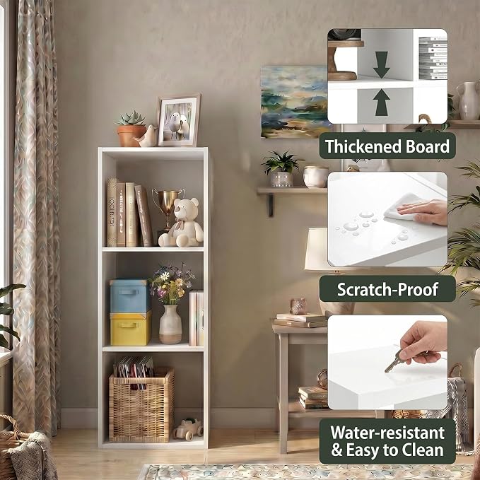 WannabeMyself【Sturdy Build&Easy Assembly】 3 Cube Storage Organizer with Anti-Tipping Kits,Reversible Open Back Book Shelf, Bookcase for Living Room,Bedroom,Entrance Hall,Office,12.2×11.4×35.9,White