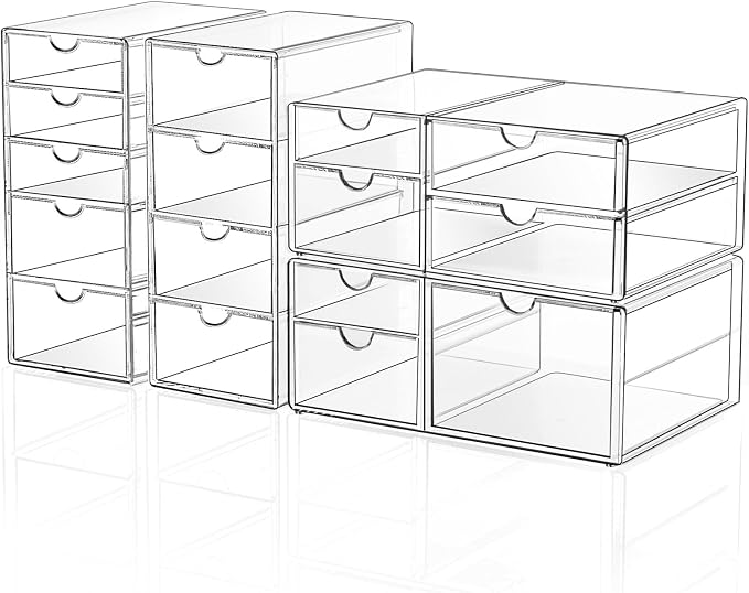 DOMNIU Acrylic Makeup Drawer Storage Organizer with 16 Drawers, 4 Set | Office Desk Organization and Storage, Dustproof Drawer Organizer for Makeup, Countertop, Jewelry, Desktop, Bathroom, Bedroom
