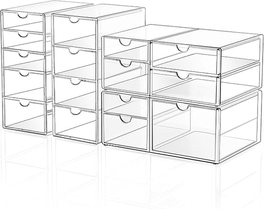 DOMNIU Acrylic Makeup Drawer Storage Organizer with 16 Drawers, 4 Set | Office Desk Organization and Storage, Dustproof Drawer Organizer for Makeup, Countertop, Jewelry, Desktop, Bathroom, Bedroom