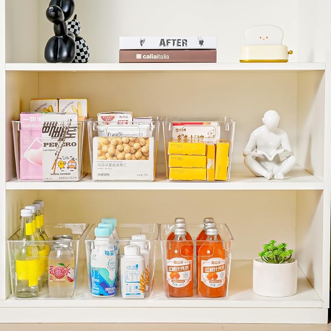 Freebat 12 Pack Pantry Organization and Storage,Clear Plastic Storage Bins | Large, Cabinet Organizer, Clear Plastic Storage Containers with Handle,Acrylic Storage Bins for Cabinet, Fridge