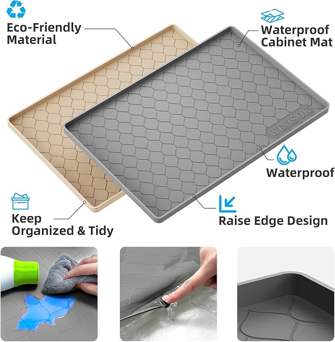 Winisok Waterproof Under Sink Mat 37" x 22", Silicone Mat, Light Gray | Raised Edge Traps Spills & Leaks, Shelf Liner, Cabinet Protector, for Kitchen, Bathroom, Boots, Pets, Home Essentials