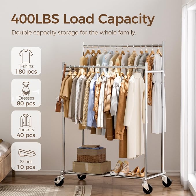 HYSEYY Clothes Rack,Double Rods Rolling Clothing Rack for Hanging Clothes load 400LBS,Portable Garment Coat Rack with Wheels Wardrobe Closet for Bedroom Laundry Room,Retail Store,Silver