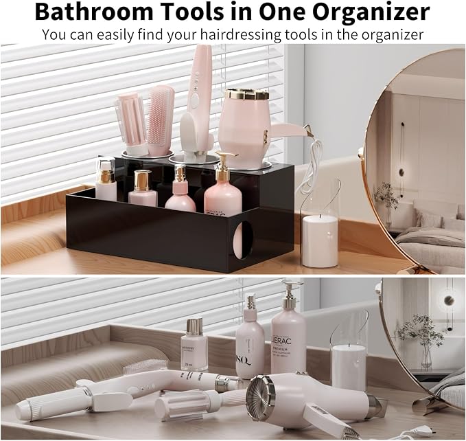 NIUBEE Acrylic Hair Tool Organizer,Hair Dryer Holder Countertop with 3 Cups | Black, Hot Tools Organizer, Hair Blow Dryer Organizer for Curling Iron, Brush, Straightener, Makeup,Skincare,Vanity, Bathroom