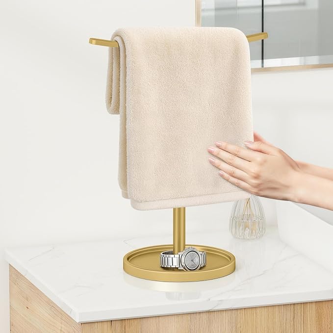 STWWO Hand Towel Holder | Stainless Steel Towel Holder Stand for Bathroom, Kitchen Countertop, T-Shaped Hand Towel Rack Stand, Gold