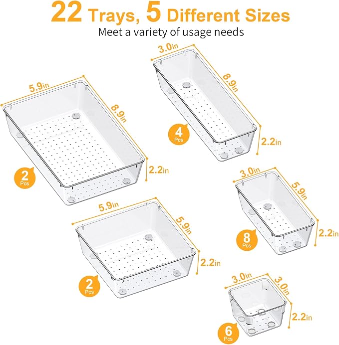 SMARTAKE 22-Piece Drawer Organizer with Non-Slip Silicone Pads, 5-Size | Clear Desk Bathroom Drawer Organizer Trays Storage Tray for Makeup, Jewelry, Utensils in Bedroom Dresser, Office and Kitchen